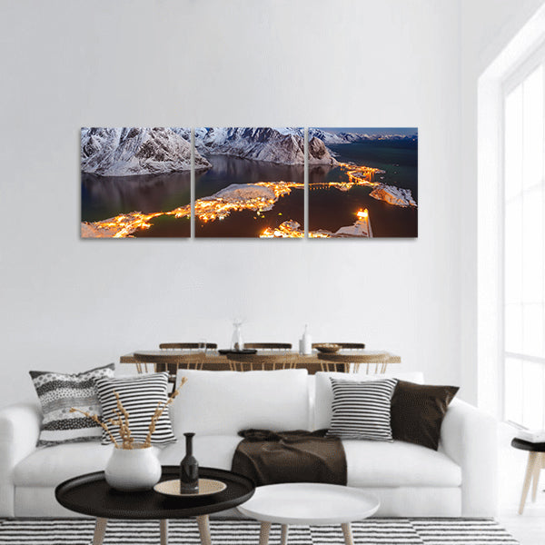 Aurora Borealis over Reinebringen mountain ridge Lofoten, panoramic canvas wall art