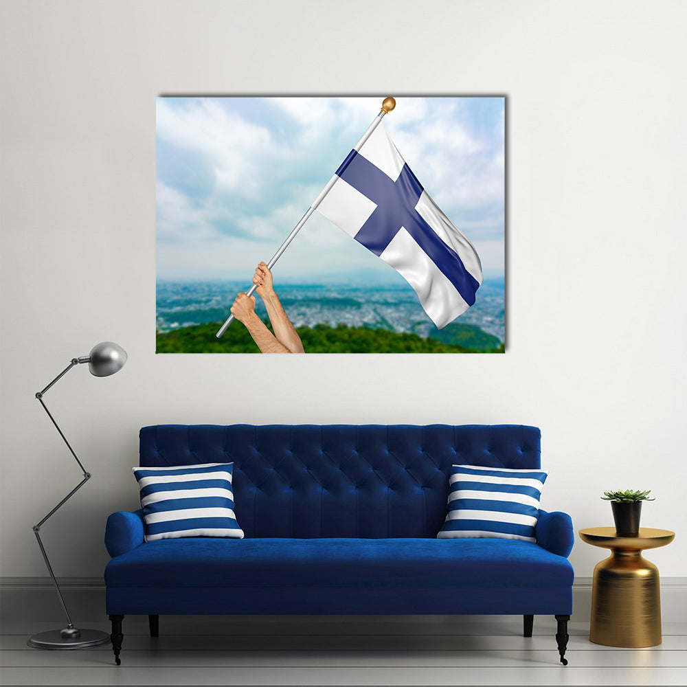 Finland national flag in the sky, part 3D rendering Multi Panel Canvas Wall Art