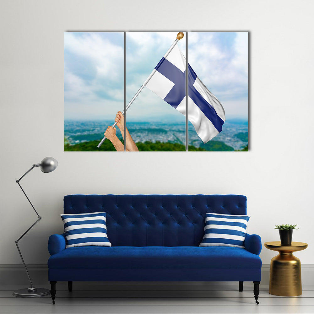 Finland national flag in the sky, part 3D rendering Multi Panel Canvas Wall Art