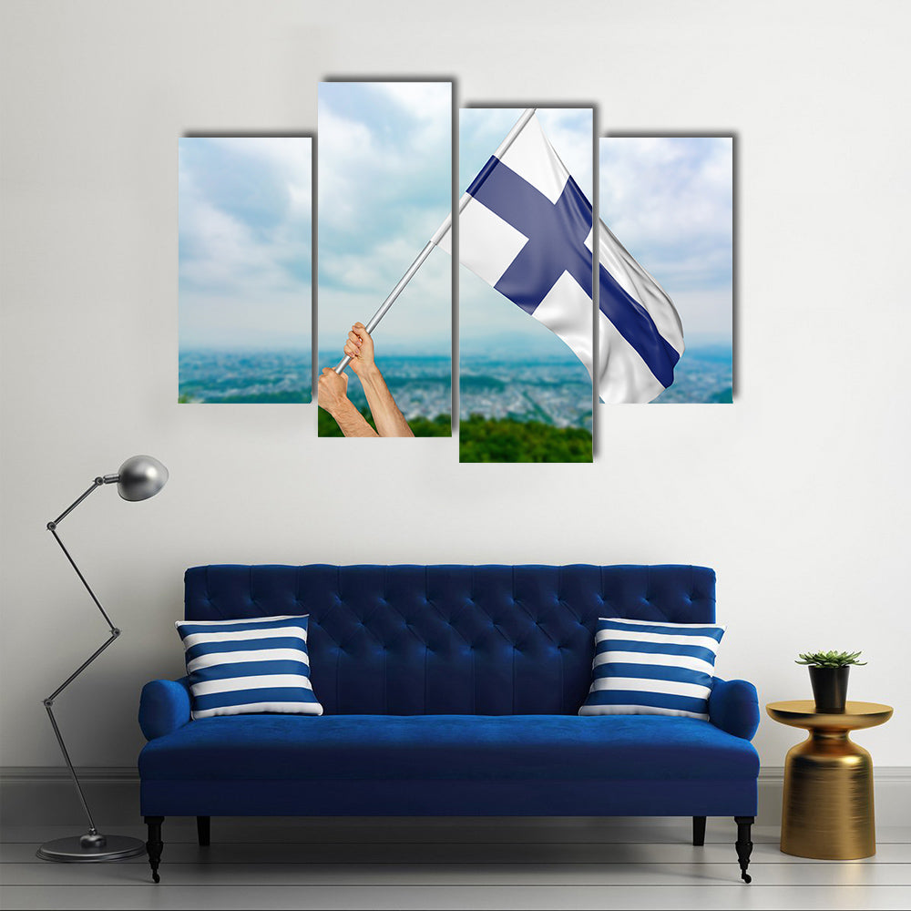Finland national flag in the sky, part 3D rendering Multi Panel Canvas Wall Art