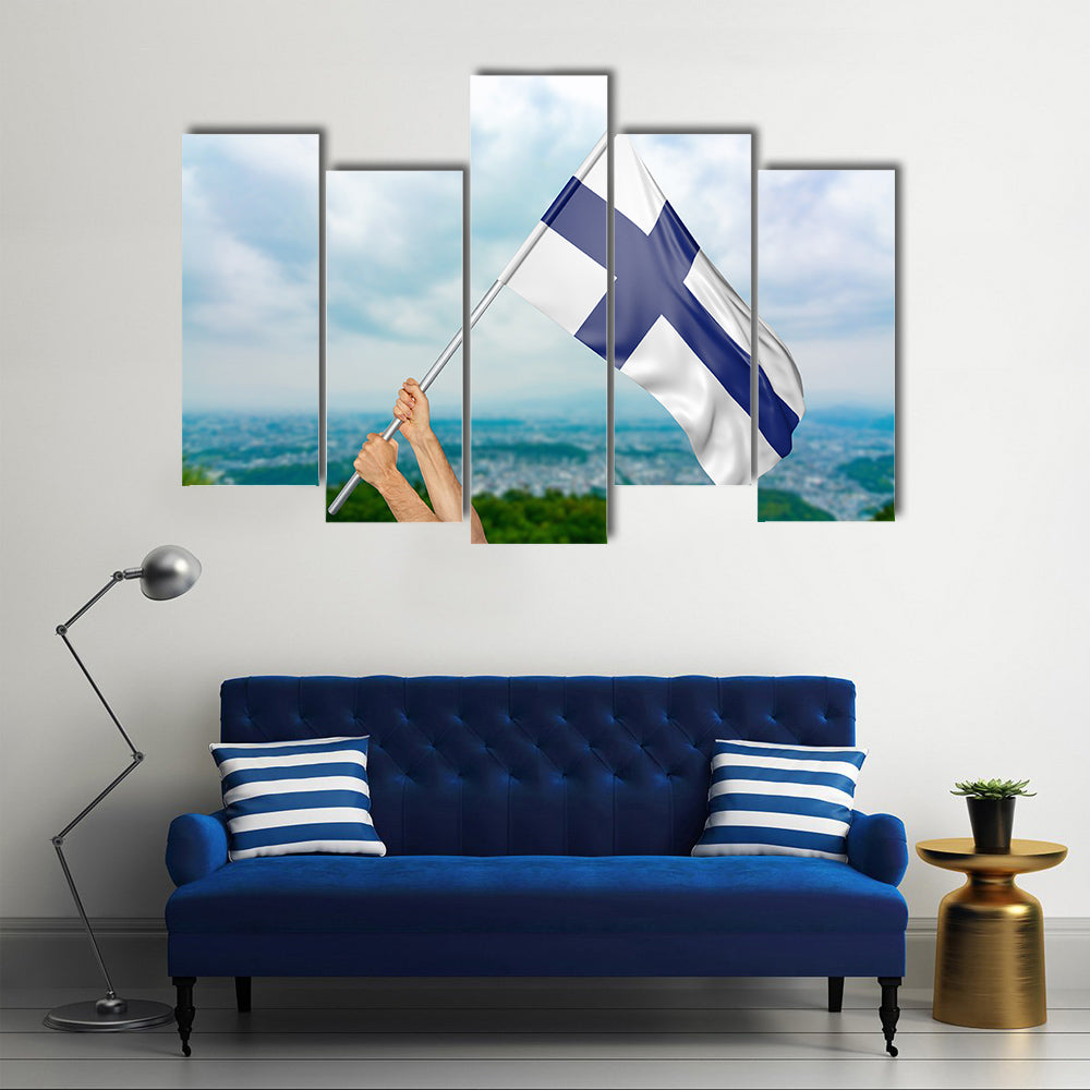 Finland national flag in the sky, part 3D rendering Multi Panel Canvas Wall Art