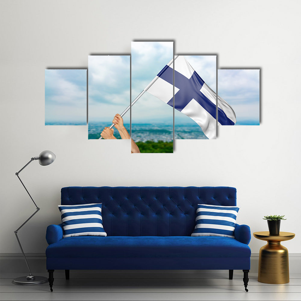 Finland national flag in the sky, part 3D rendering Multi Panel Canvas Wall Art