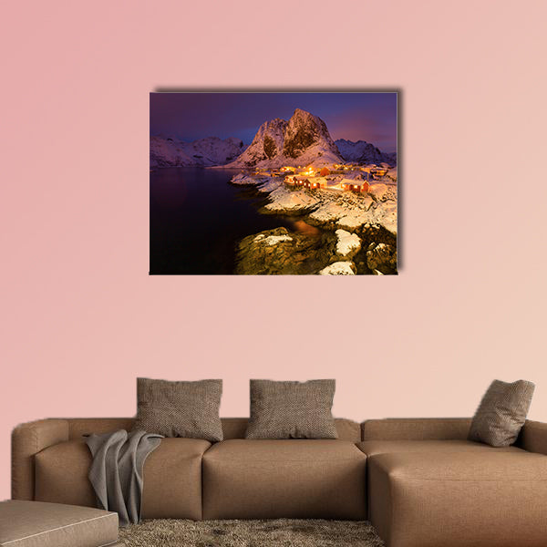 Snowy Hamnoy village in the Lofoten islands at night multi panel canvas wall art