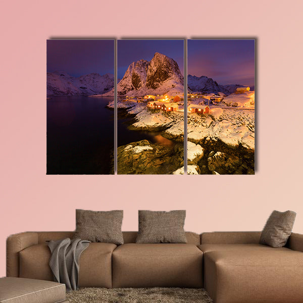 Snowy Hamnoy village in the Lofoten islands at night multi panel canvas wall art