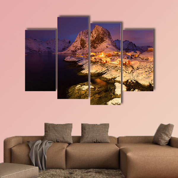 Snowy Hamnoy village in the Lofoten islands at night multi panel canvas wall art