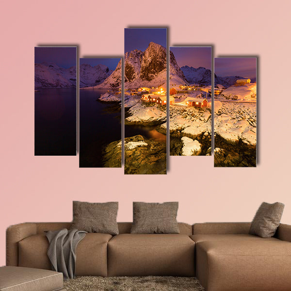 Snowy Hamnoy village in the Lofoten islands at night multi panel canvas wall art