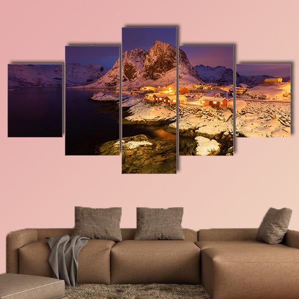 Snowy Hamnoy village in the Lofoten islands at night multi panel canvas wall art