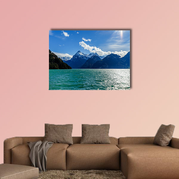 Mountains at Lake Lucern and Village Brunnen. View from boot,  wall art
