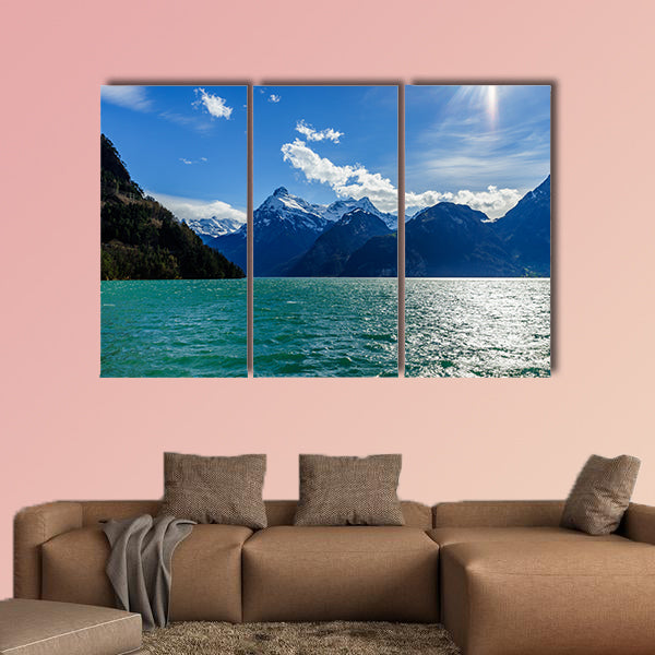 Mountains at Lake Lucern and Village Brunnen. View from boot,  wall art