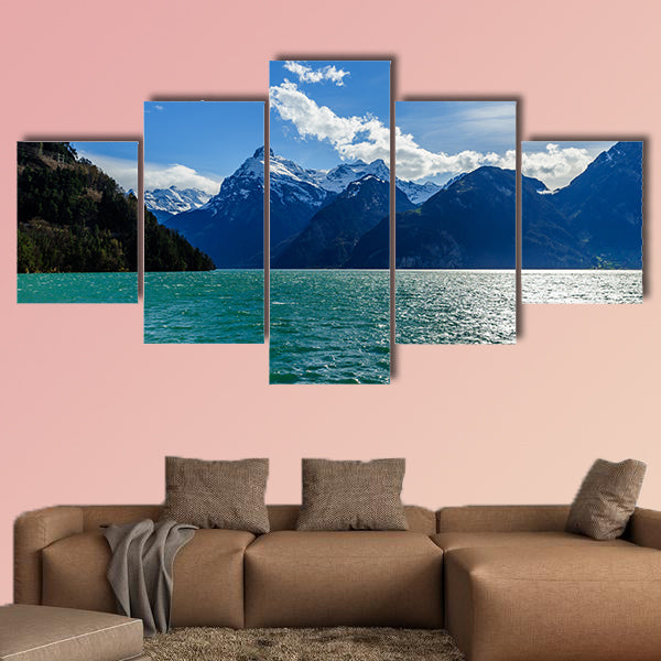 Mountains at Lake Lucern and Village Brunnen. View from boot,  wall art