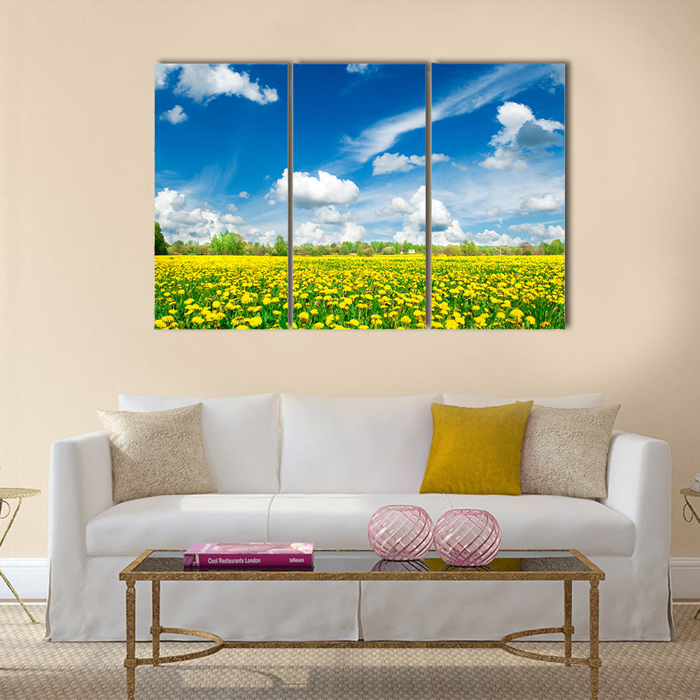 Meadow with yellow dandelions. Multi panel canvas wall art