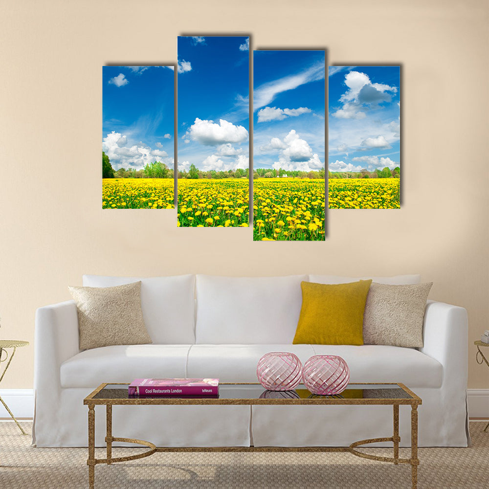 Meadow with yellow dandelions. Multi panel canvas wall art