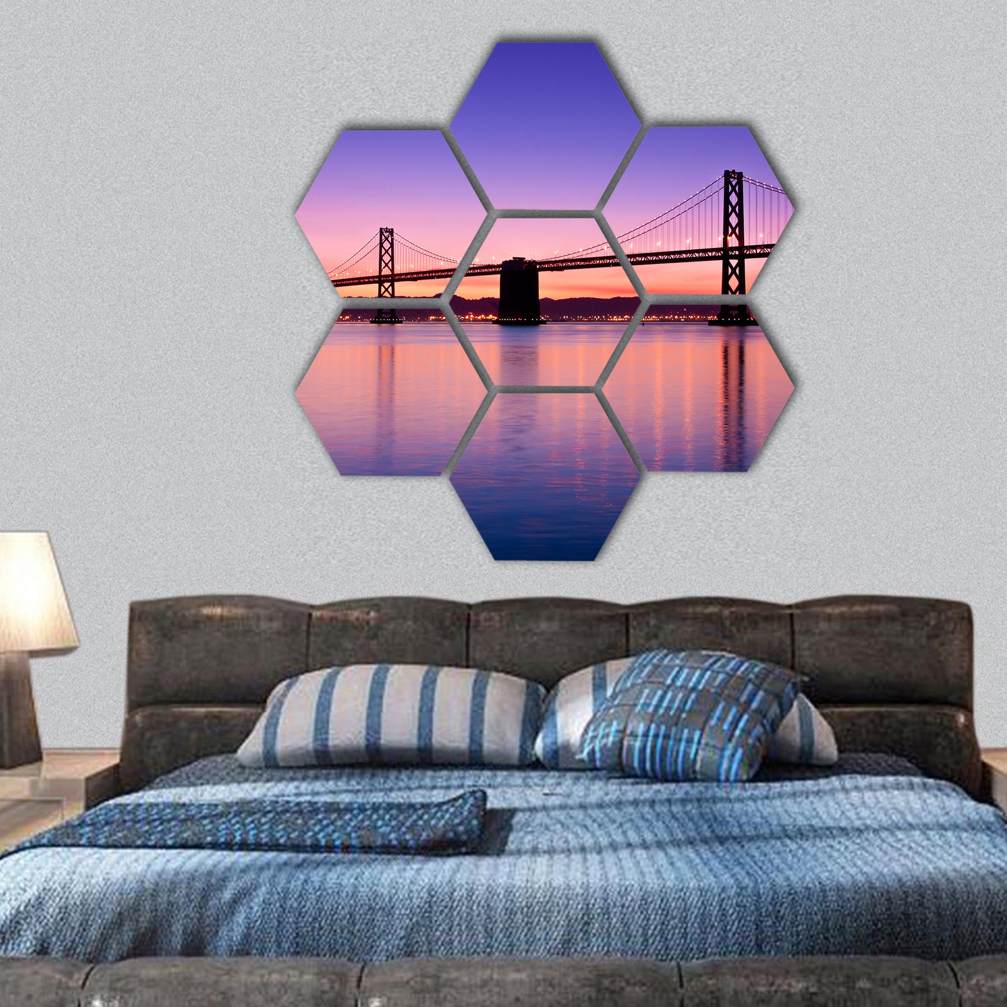 Bay Bridge in San Francisco silhouetted hexagonal canvas wall art
