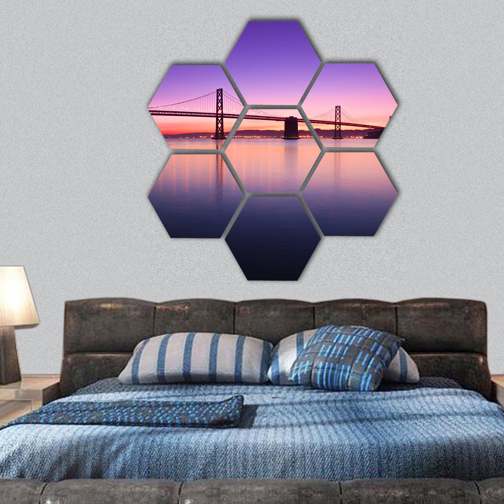 Bay Bridge in San Francisco silhouetted hexagonal canvas wall art