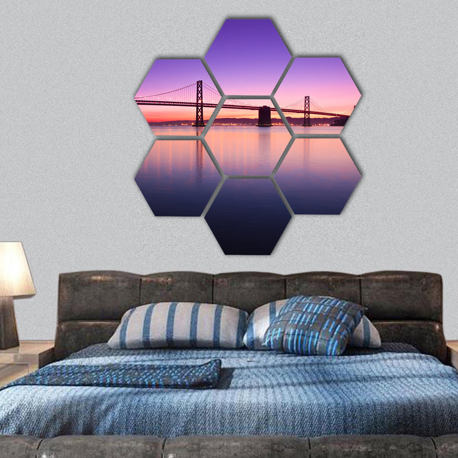Bay Bridge in San Francisco silhouetted hexagonal canvas wall art