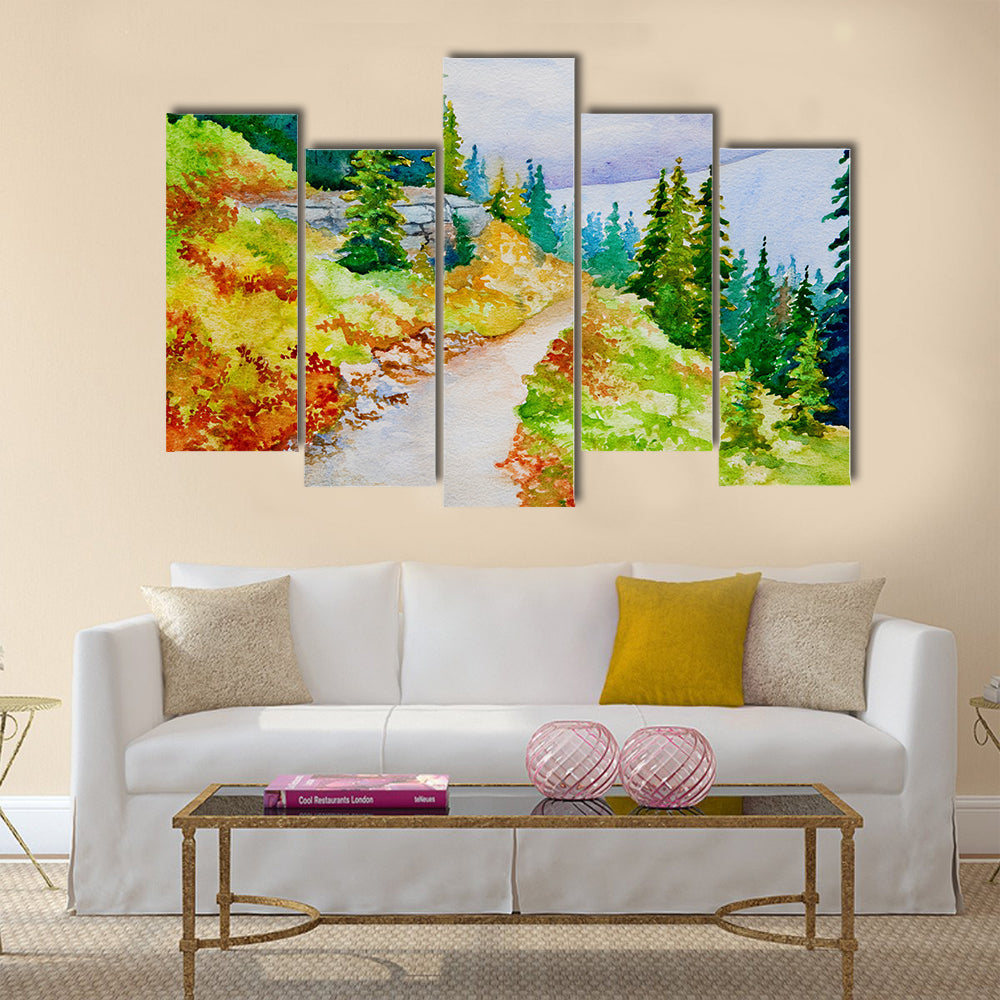 An original watercolor painting inspired by the beautiful mountain trails Multi Panel Canvas Wall Art