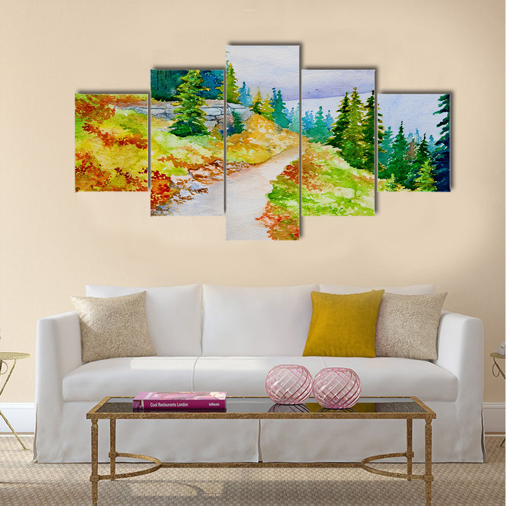 An original watercolor painting inspired by the beautiful mountain trails Multi Panel Canvas Wall Art