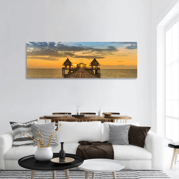 Sunset sky over wooden path leading to seacoast skyline panoramic canvas wall art
