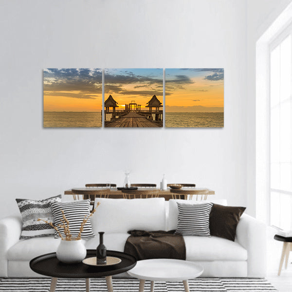 Sunset sky over wooden path leading to seacoast skyline panoramic canvas wall art