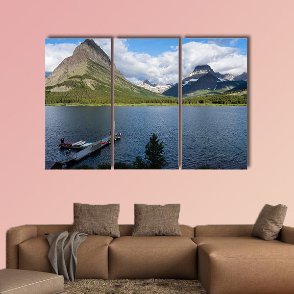 Sunrise over Lake Swift current in Many Glacier multi panel canvas wall art