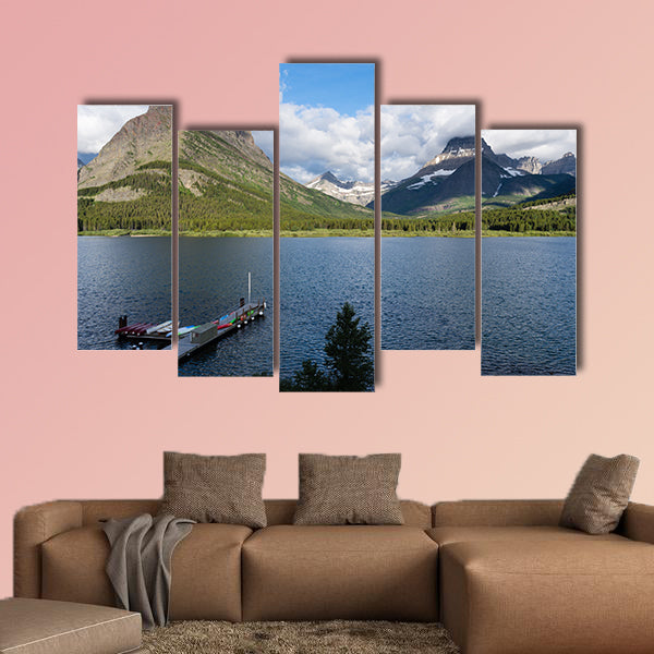 Sunrise over Lake Swift current in Many Glacier multi panel canvas wall art