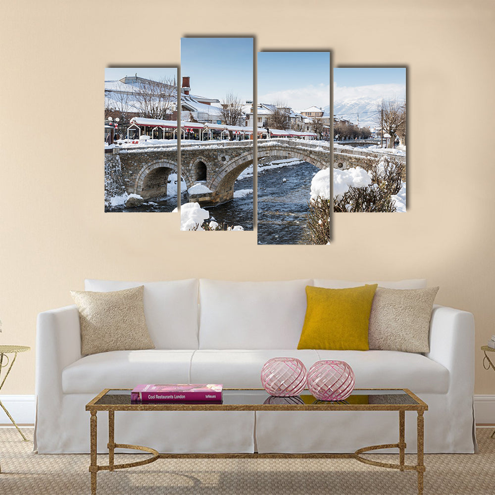 Paving Stones Bridge and Bistrica river of Prizren, Kosovo at winter season Multi Panel Canvas Wall Art