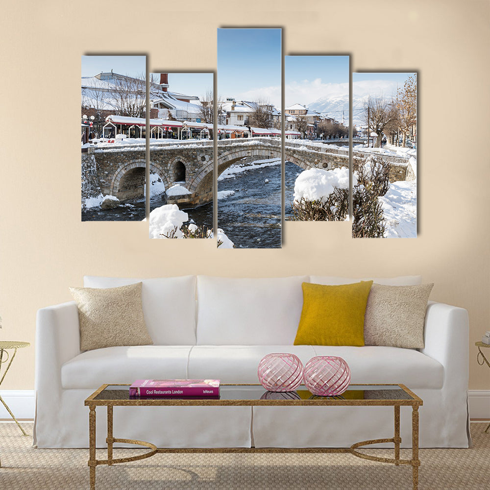 Paving Stones Bridge and Bistrica river of Prizren, Kosovo at winter season Multi Panel Canvas Wall Art