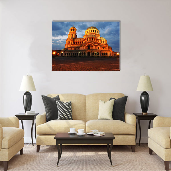 Night view of Alexandr Nevski Cathedral in Sofia Multi panel canvas wall art