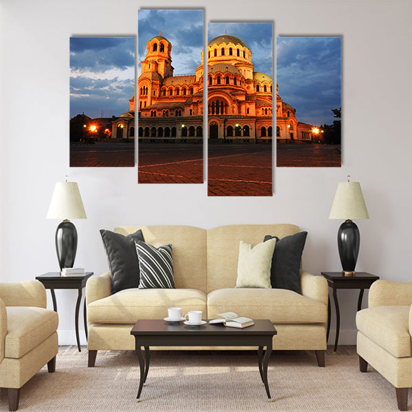Night view of Alexandr Nevski Cathedral in Sofia Multi panel canvas wall art