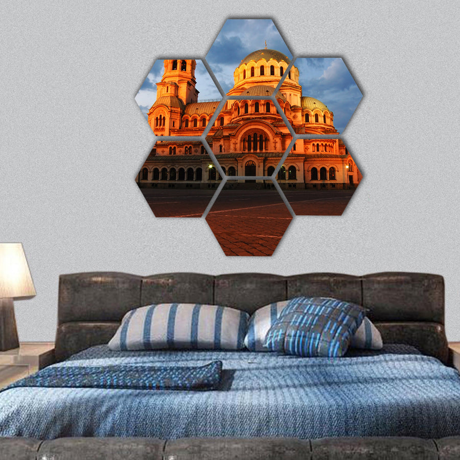 Night view of Alexandr Nevski Cathedral in Sofia, Bulgaria hexagonal canvas wall art