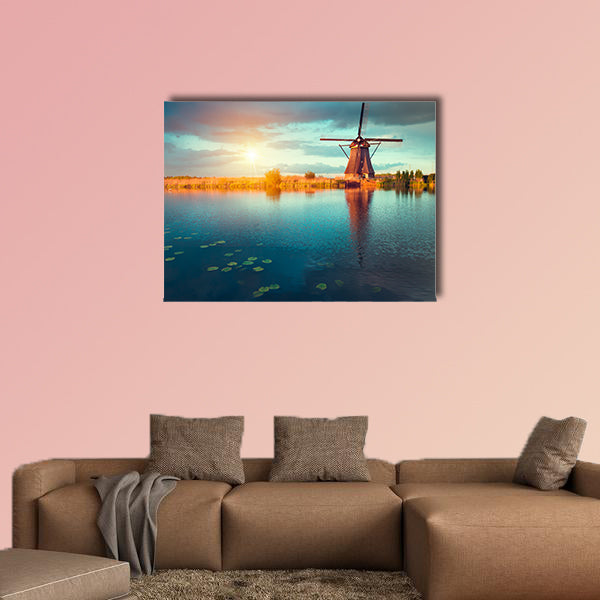 Landscape with tulips, traditional Dutch windmills and houses wall art