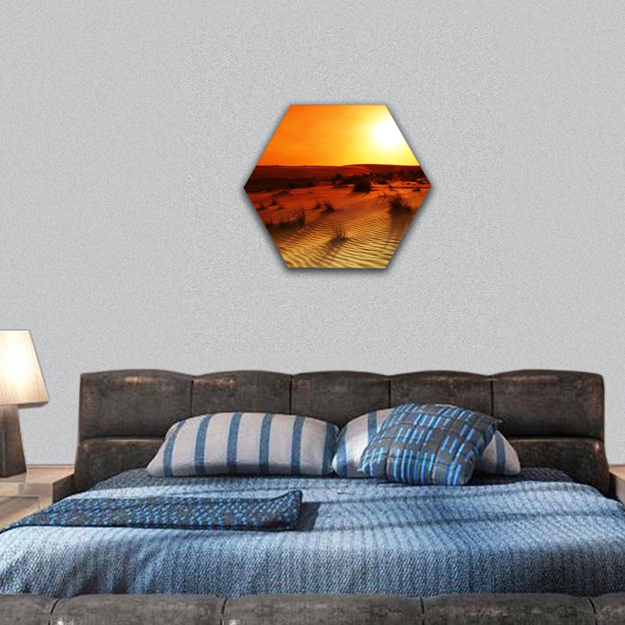 Extreme desert landscape with orange sunset hexagonal canvas wall art