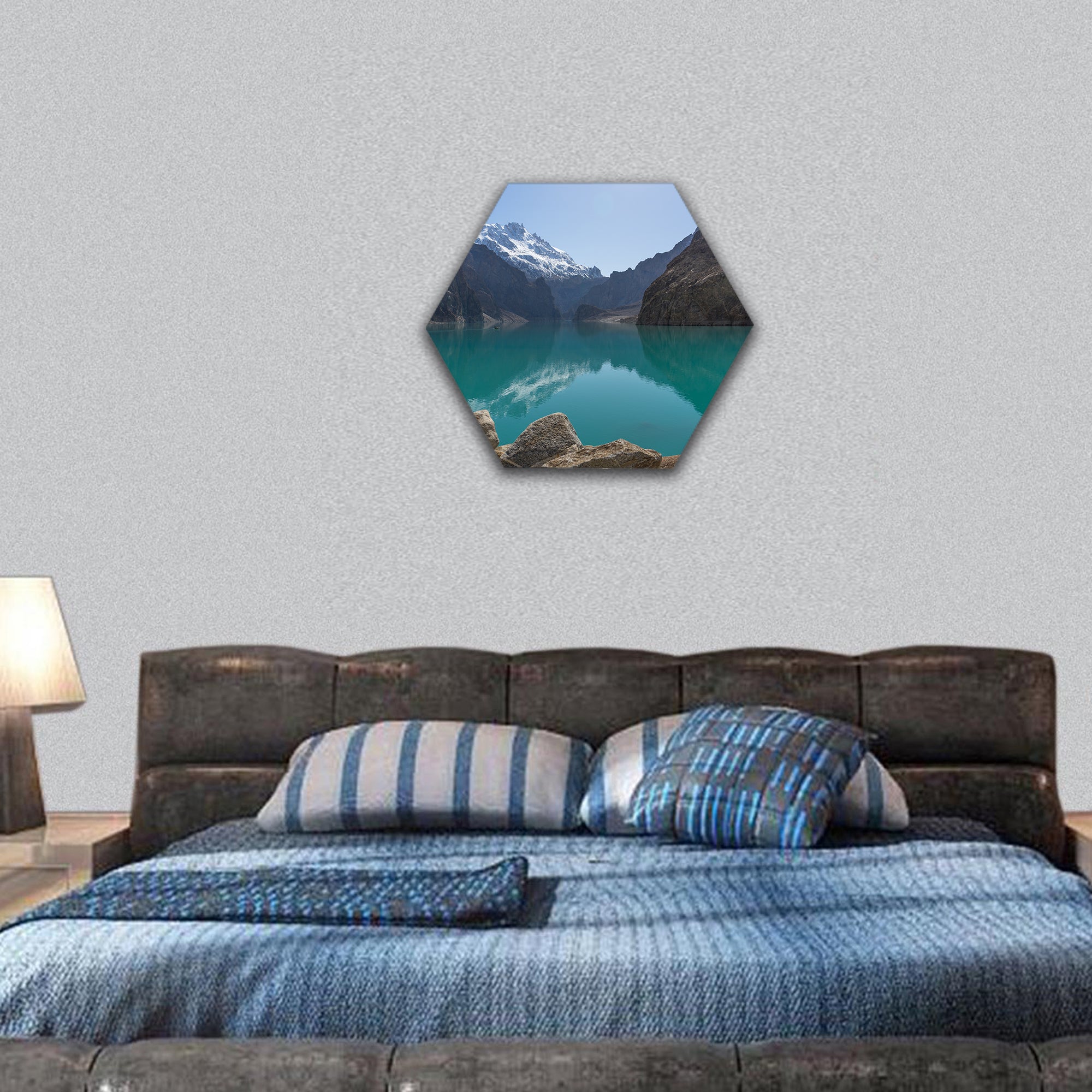 Attabad lake with mountain reflection, Karimabad hexagonal canvas wall art