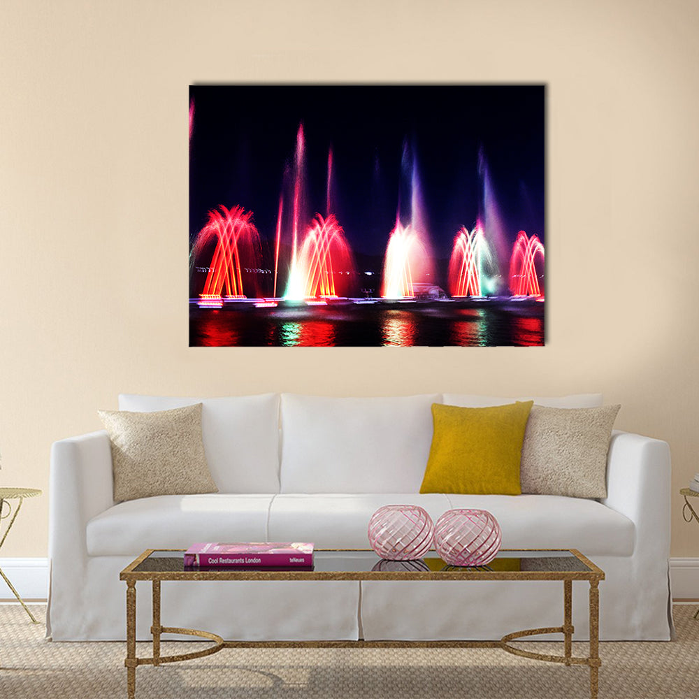 Beautiful colorful water and light show, blurry fountain multi panel canvas wall art