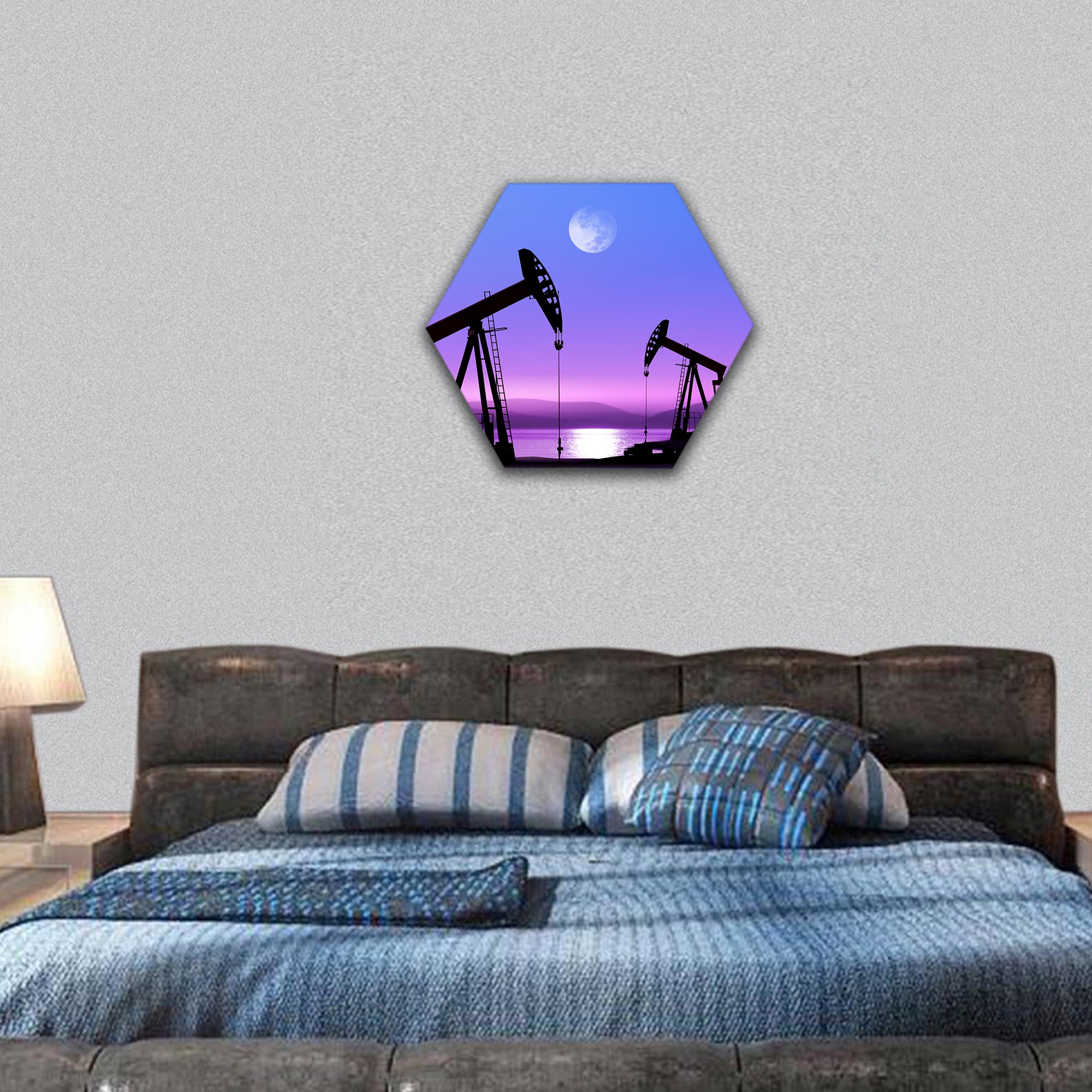 Working oil pump in deserted district at moonlight hexagonal canvas wall art