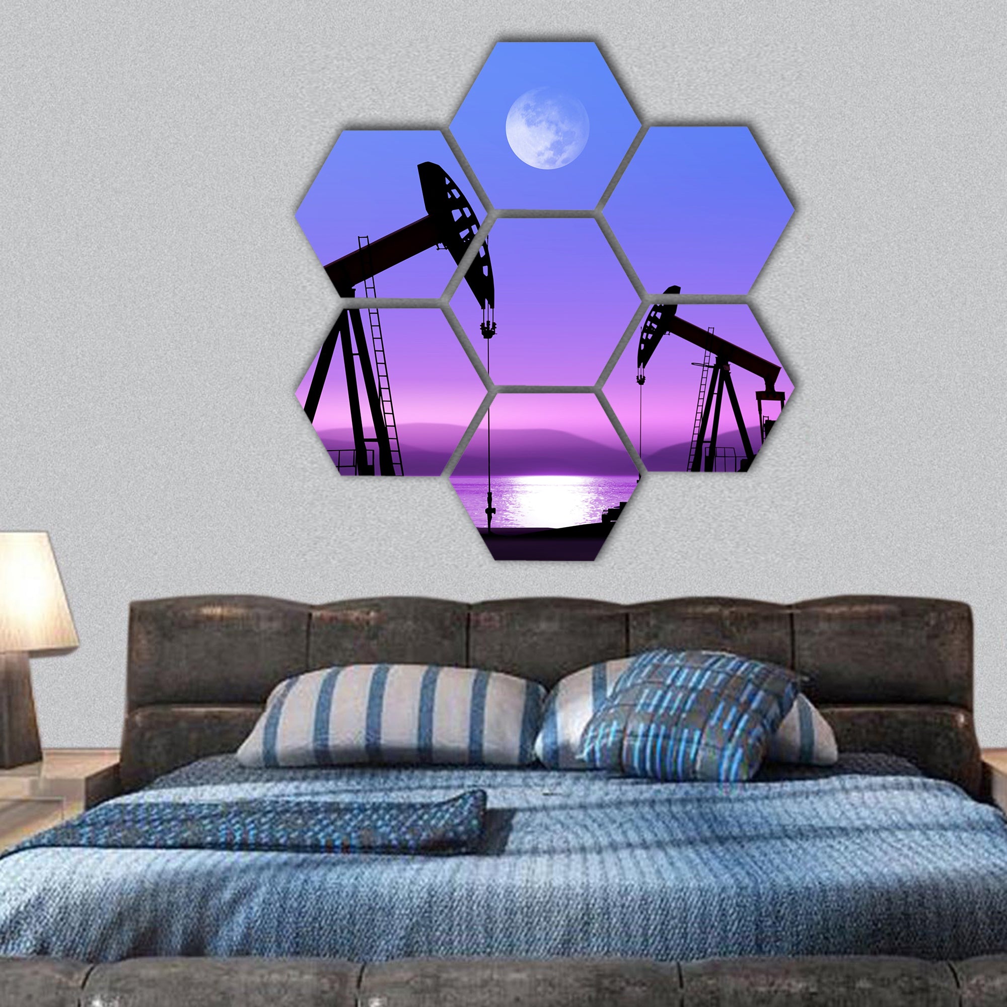 Working oil pump in deserted district at moonlight hexagonal canvas wall art