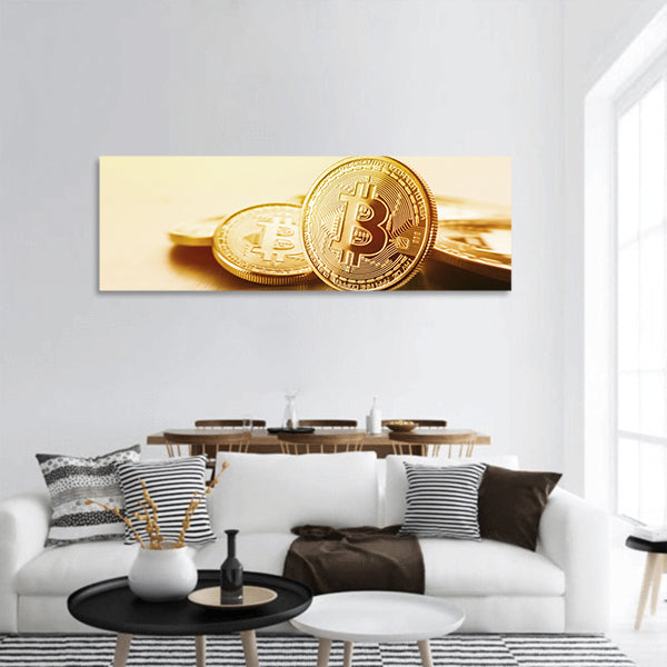 Golden Bitcoins panoramic canvas wall art