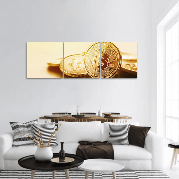 Golden Bitcoins panoramic canvas wall art