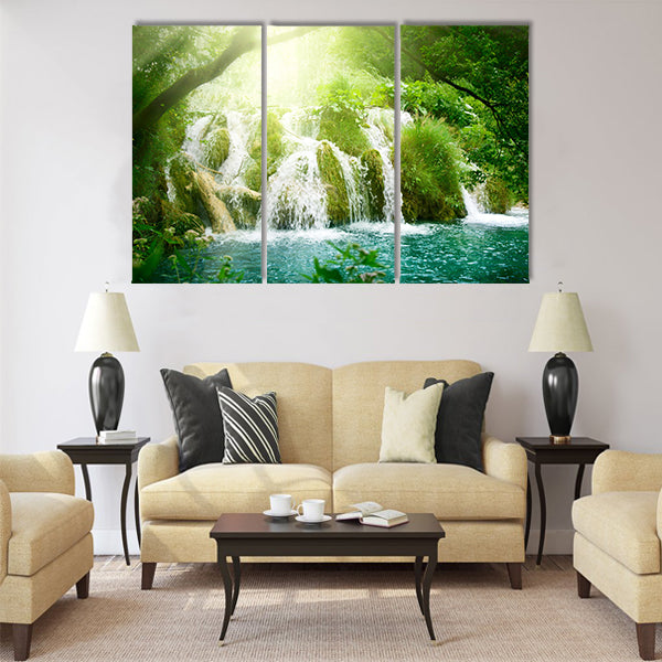 waterfall in deep forest Multi Panel Canvas Wall Art