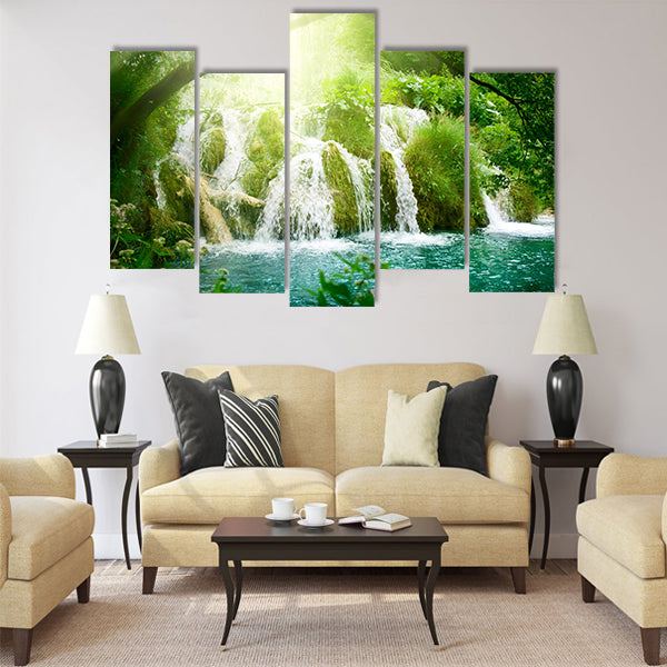 waterfall in deep forest Multi Panel Canvas Wall Art