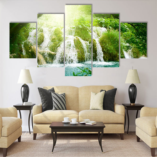 waterfall in deep forest Multi Panel Canvas Wall Art