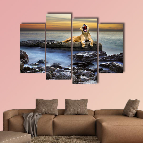 Surreal coastal scene with a lion resting on a rock multi panel canvas wall art