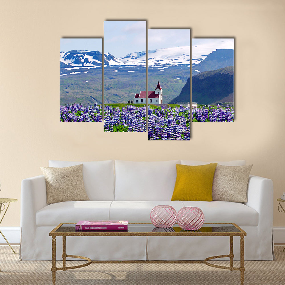 Rural village church surrounded by snow clad mountains multi panel canvas wall art