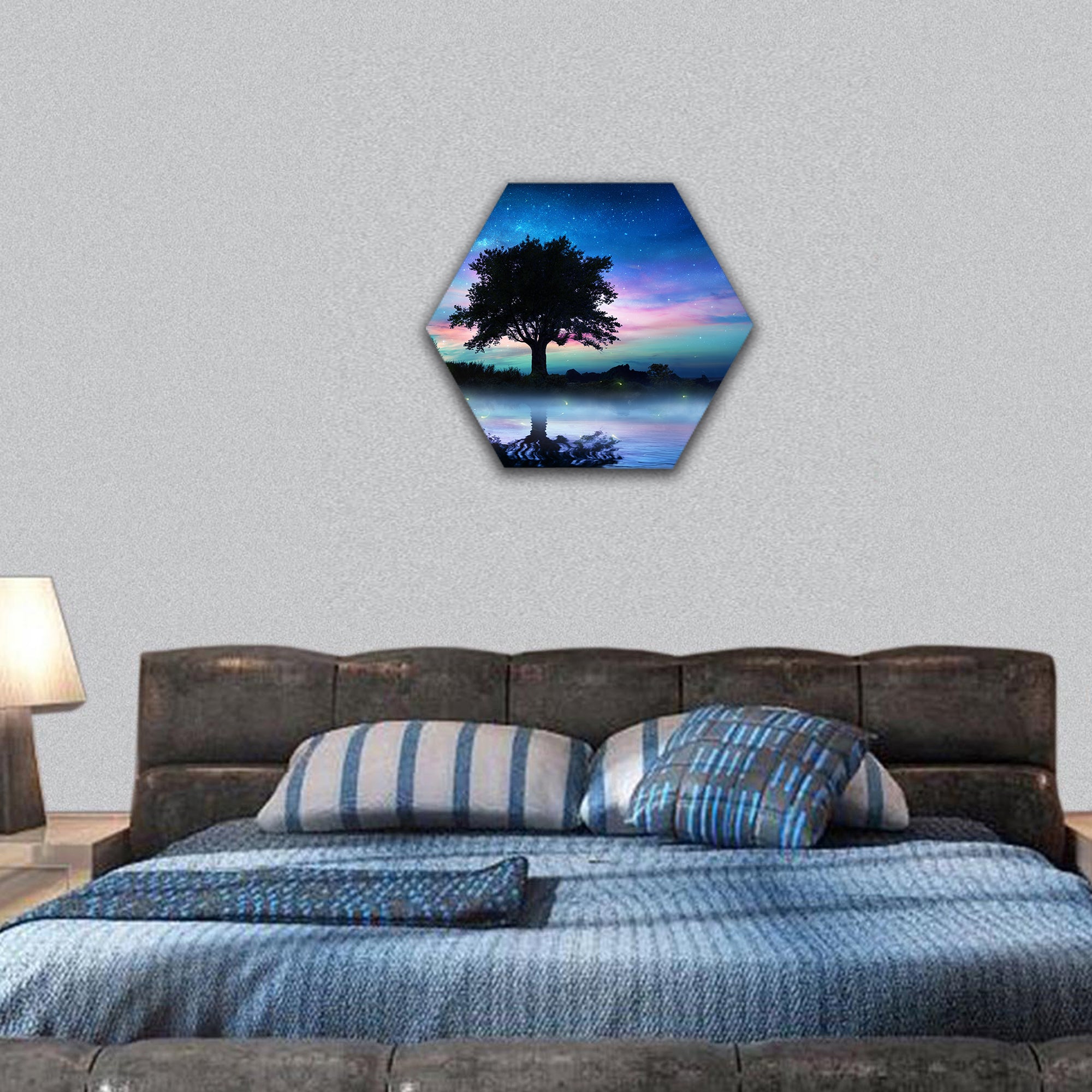 Starry Night With Lonely Tree hexagonal canvas wall art