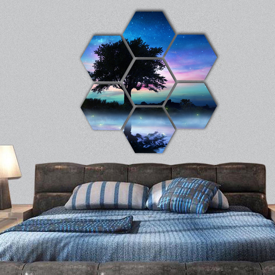 Starry Night With Lonely Tree hexagonal canvas wall art