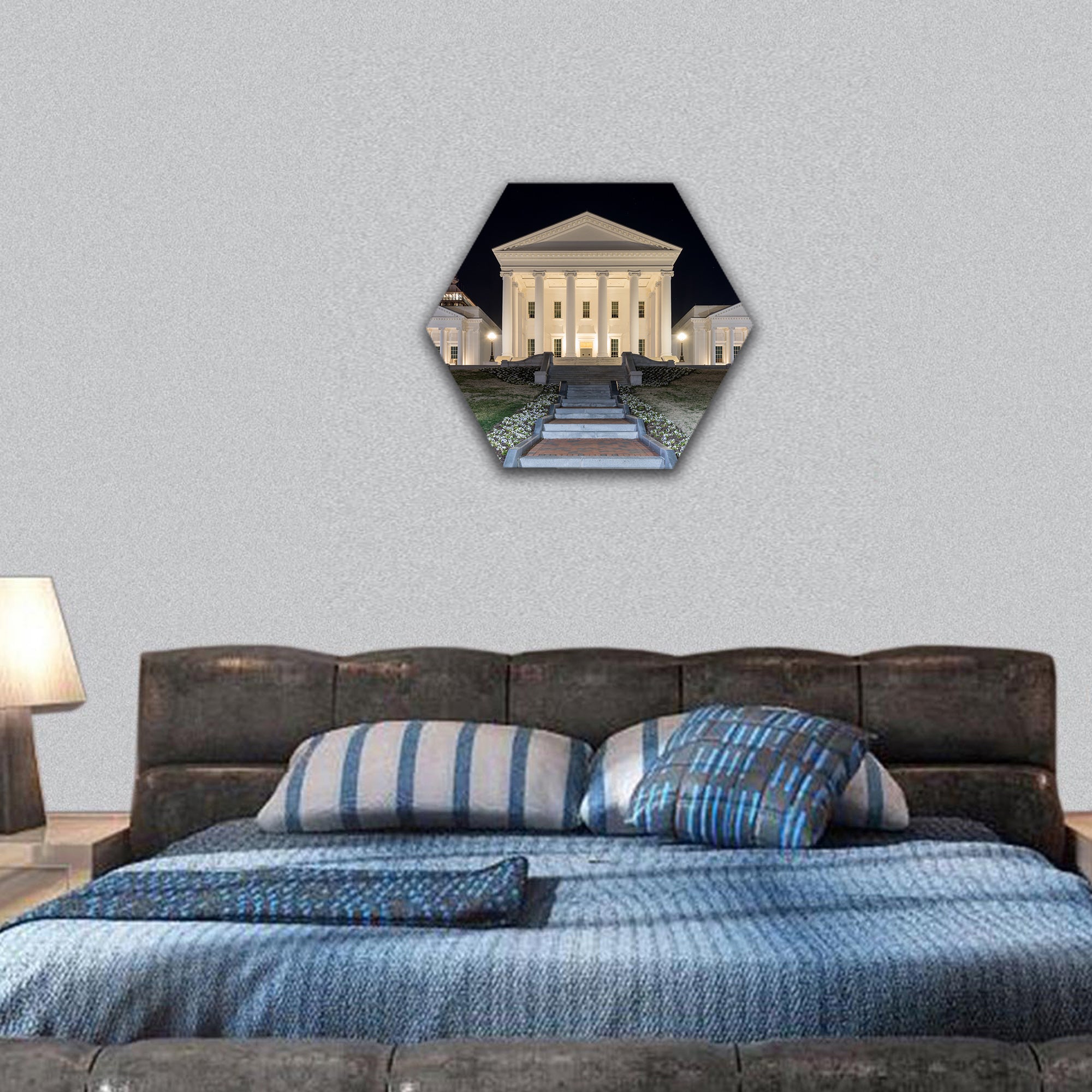 The Virginia State Capitol at night hexagonal canvas wall art