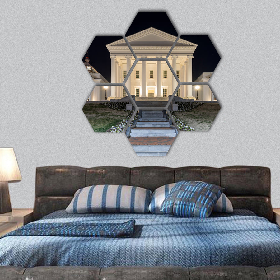 The Virginia State Capitol at night hexagonal canvas wall art