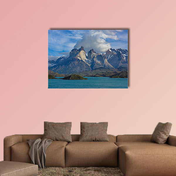 View of beautiful clouds over Cuernos Del Paine and the lake wall art
