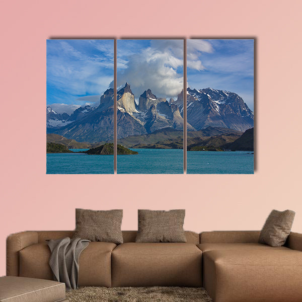 View of beautiful clouds over Cuernos Del Paine and the lake wall art