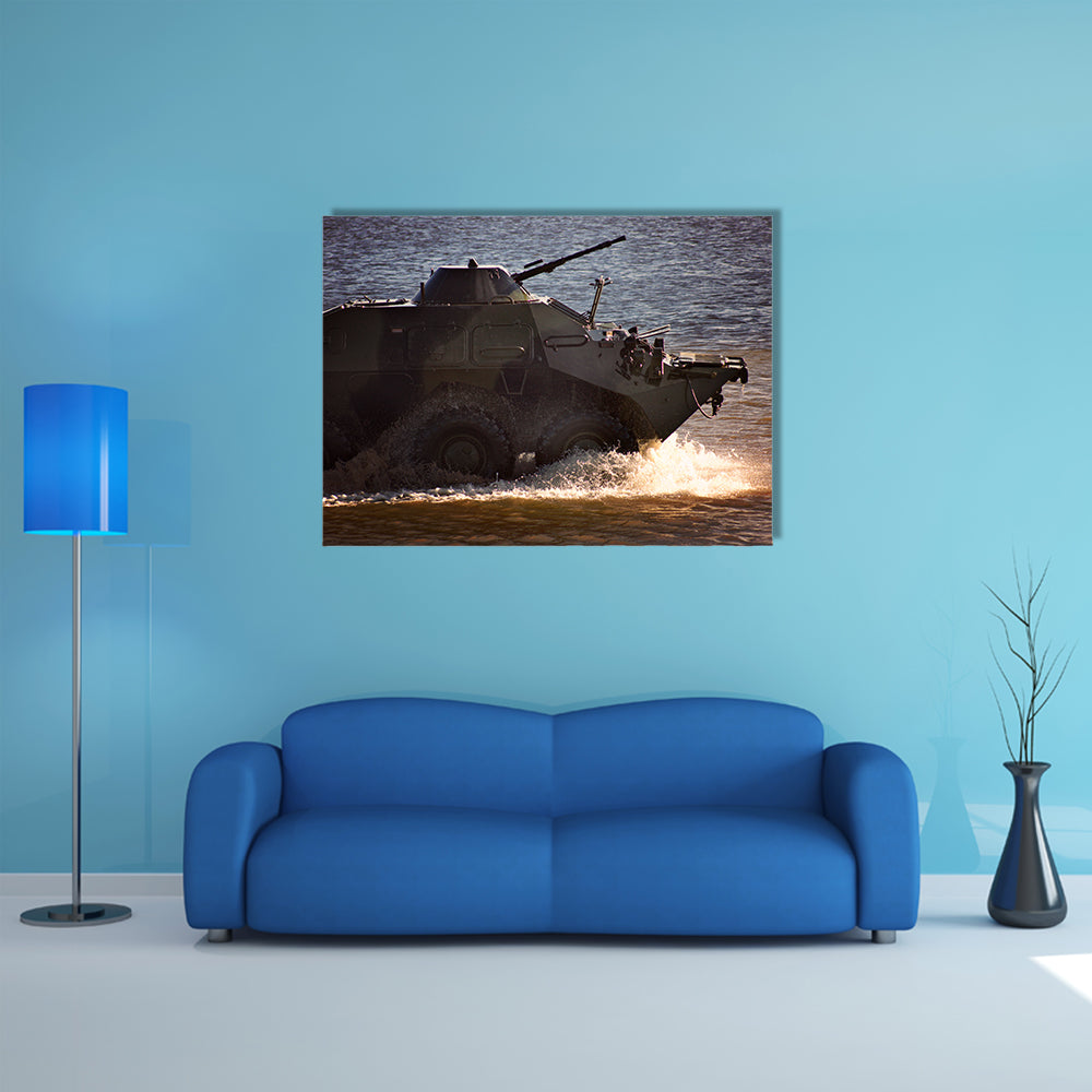 A Tank With Military Equipment Splashing Water Around Multi Panel Canvas Wall Art